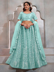 Beautiful Turquoise Sequins Net Designer Lehenga Choli With Dupatta - Ethnic Plus In