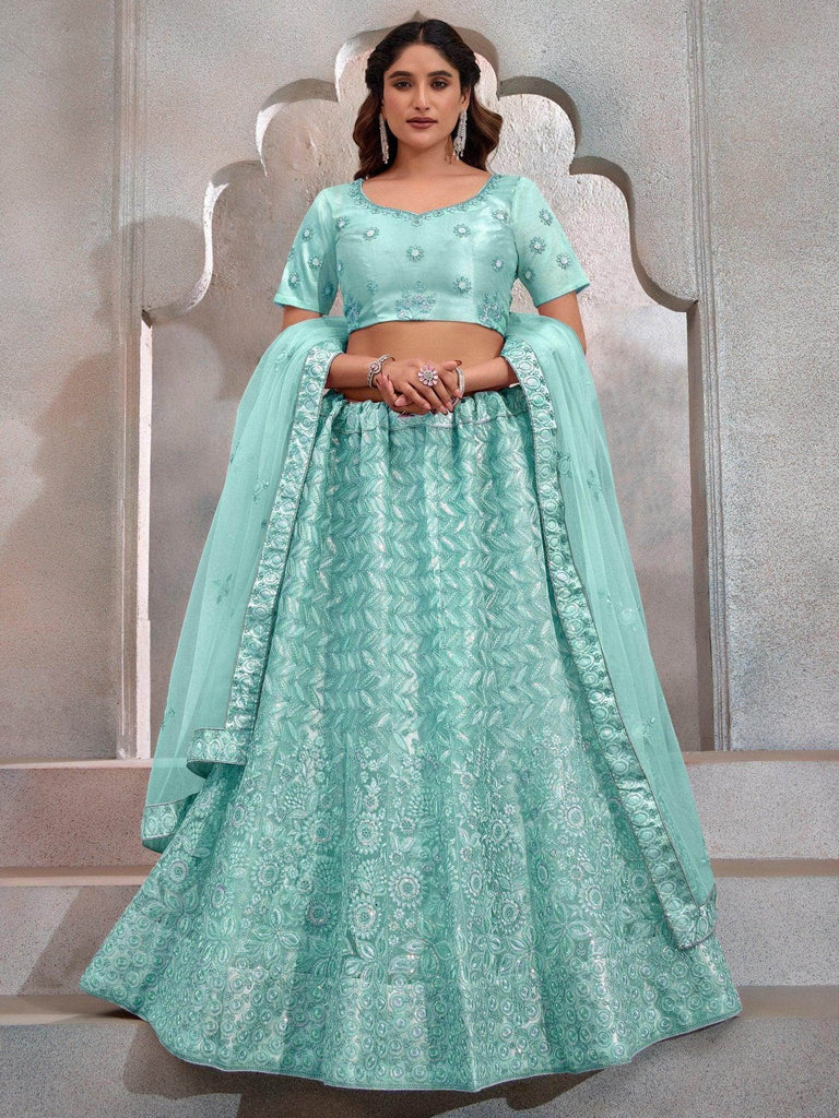 Beautiful Turquoise Sequins Net Designer Lehenga Choli With Dupatta - Ethnic Plus In