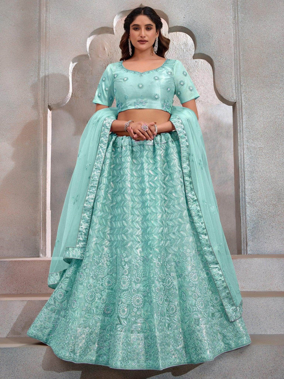 Beautiful Turquoise Sequins Net Designer Lehenga Choli With Dupatta - Ethnic Plus In