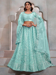 Beautiful Turquoise Sequins Net Designer Lehenga Choli With Dupatta - Ethnic Plus In