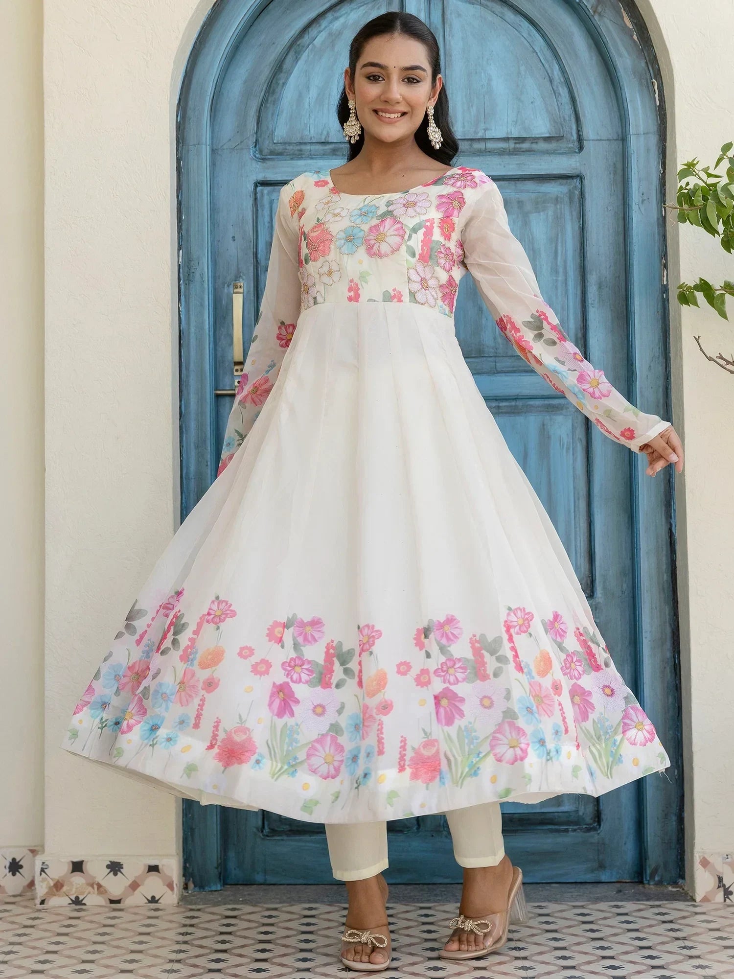 Beautiful White Organza Floral Printed Festive Wear Anarkali Suit - Ethnic Plus In