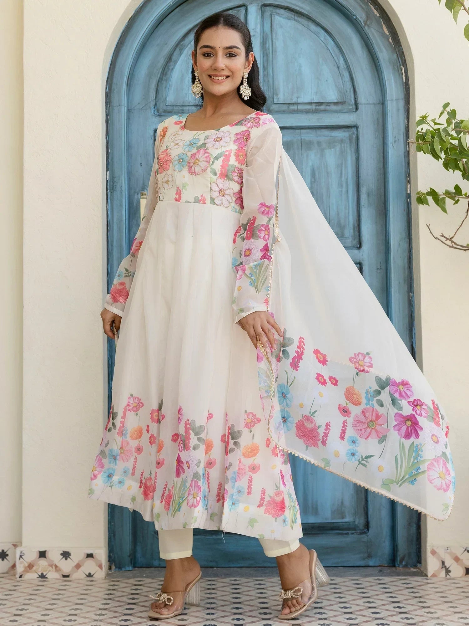 Beautiful White Organza Floral Printed Festive Wear Anarkali Suit - Ethnic Plus In