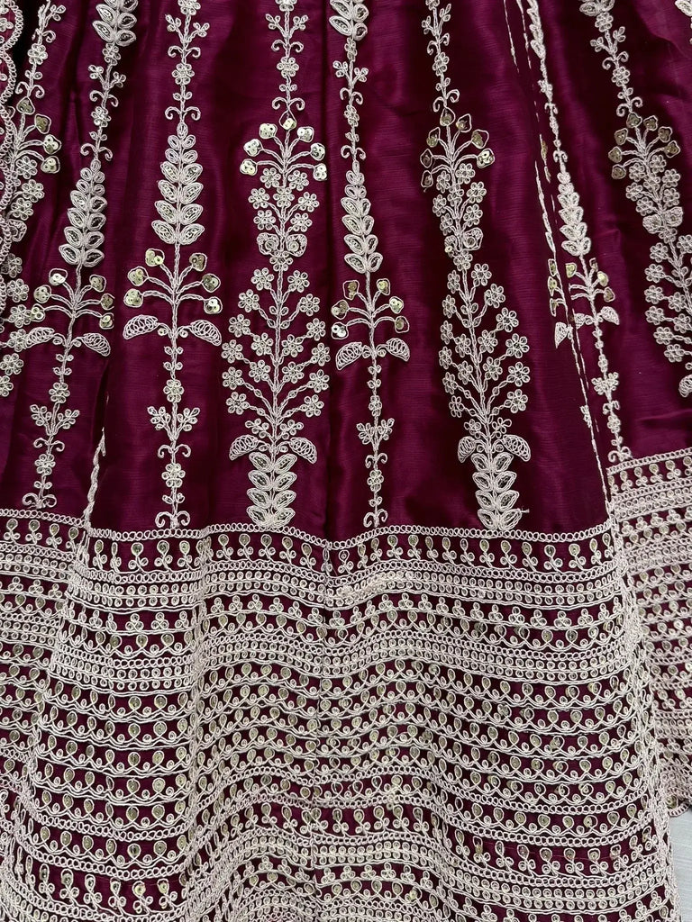 Beautiful Wine Embroidered Satin Engagement Wear Lehenga Choli - Ethnic Plus In