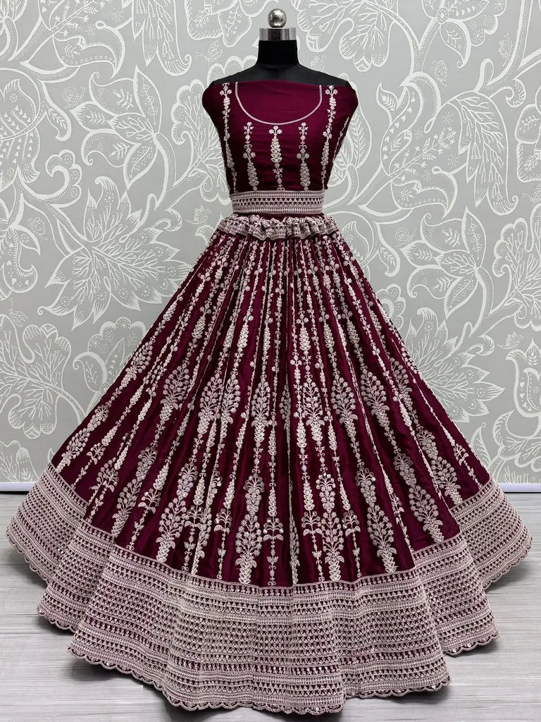 Beautiful Wine Embroidered Satin Engagement Wear Lehenga Choli - Ethnic Plus In