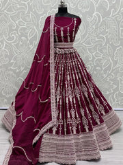 Beautiful Wine Embroidered Satin Engagement Wear Lehenga Choli - Ethnic Plus In