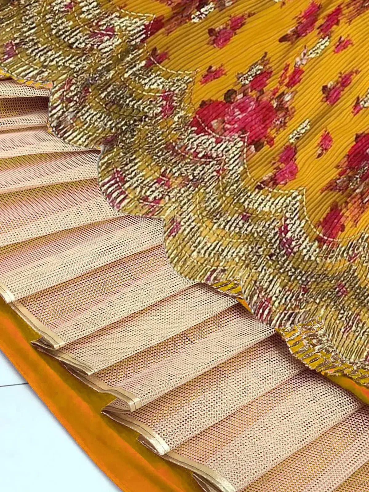 Yellow floral embroidered lehenga with net dupatta, Indian ethnic wear
