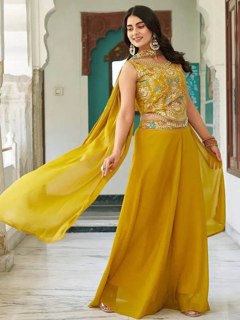 Beautiful Yellow Georgette Sequins Party Wear Palazzo Suit - Ethnic Plus In