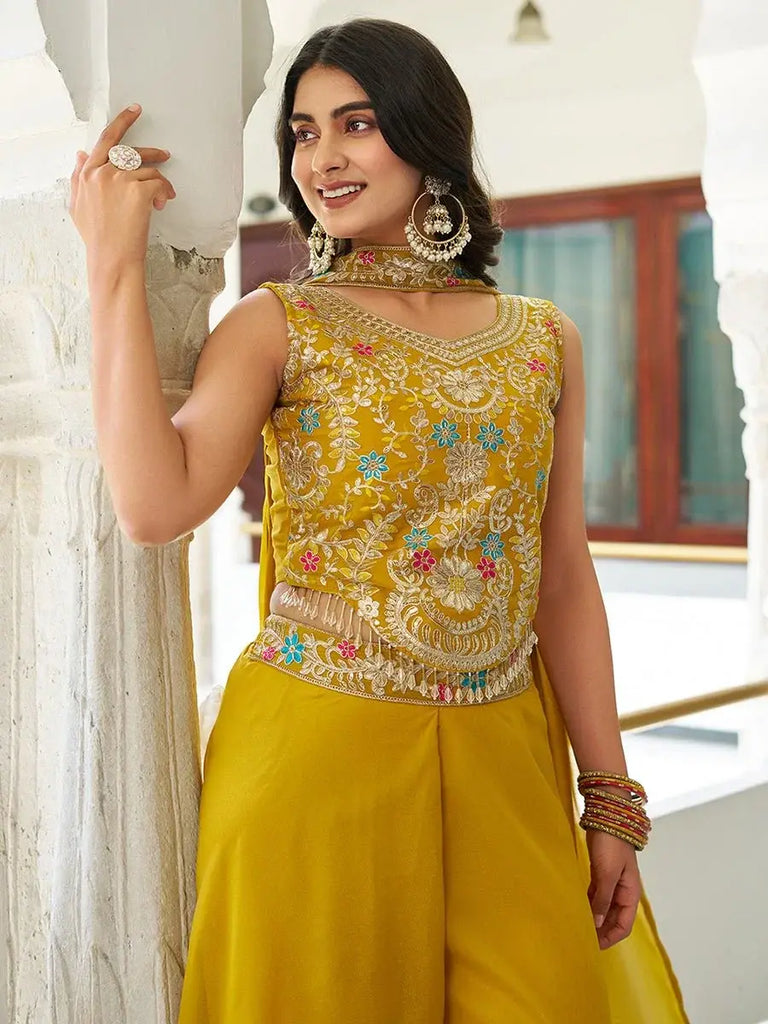 Beautiful Yellow Georgette Sequins Party Wear Palazzo Suit - Ethnic Plus In