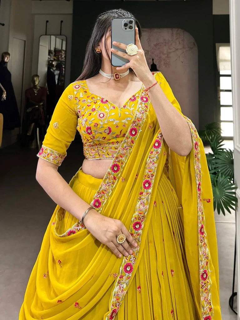 Beautiful Yellow Thread Embroidered Georgette Haldi Wear Lehenga Choli - Ethnic Plus In