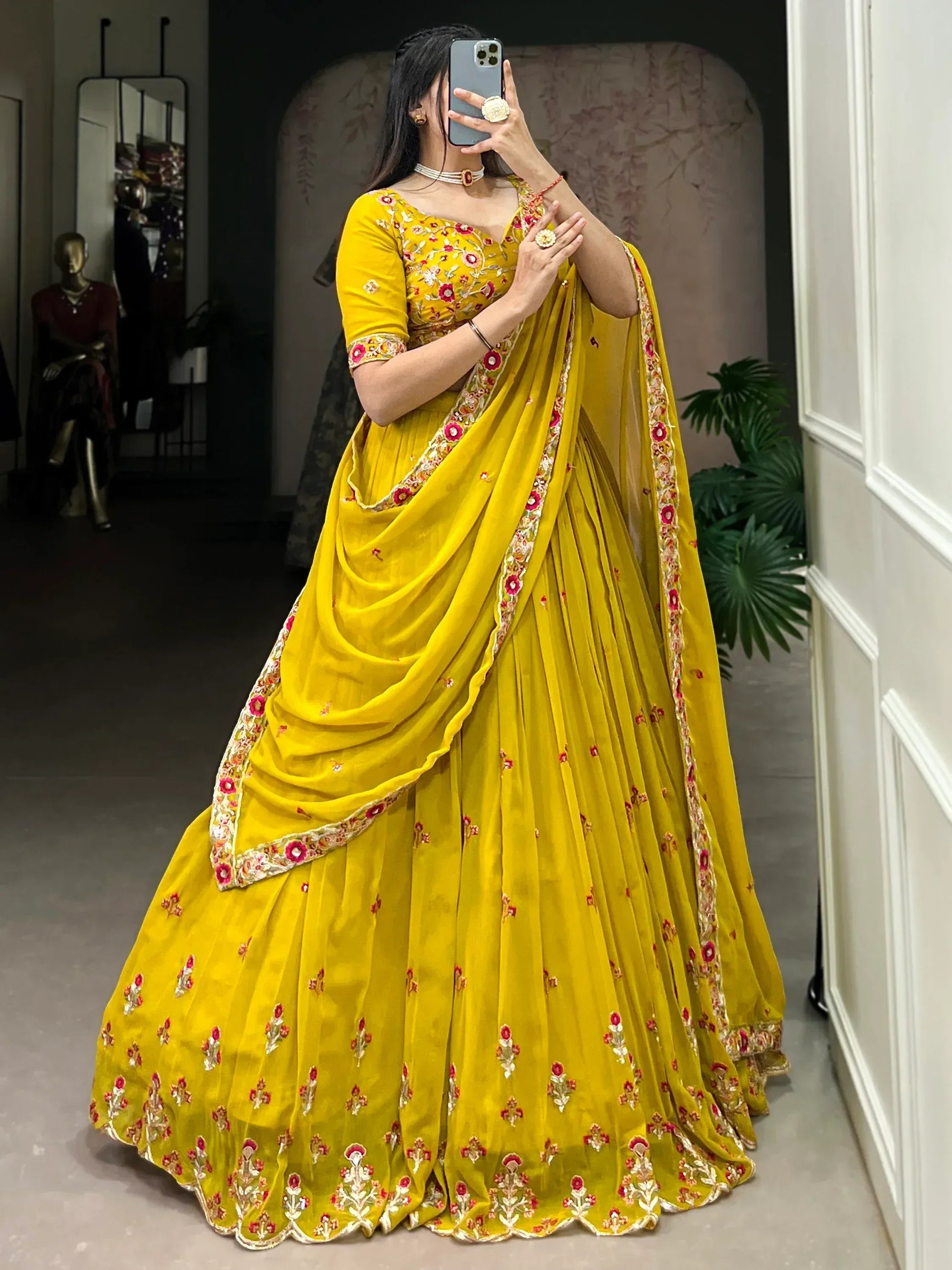 Yellow floral embroidered lehenga choli with dupatta, Indian ethnic wear for women