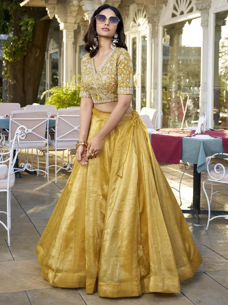 Beautiful Yellow Thread Work Organza Haldi Wear Lehenga Choli - Ethnic Plus In