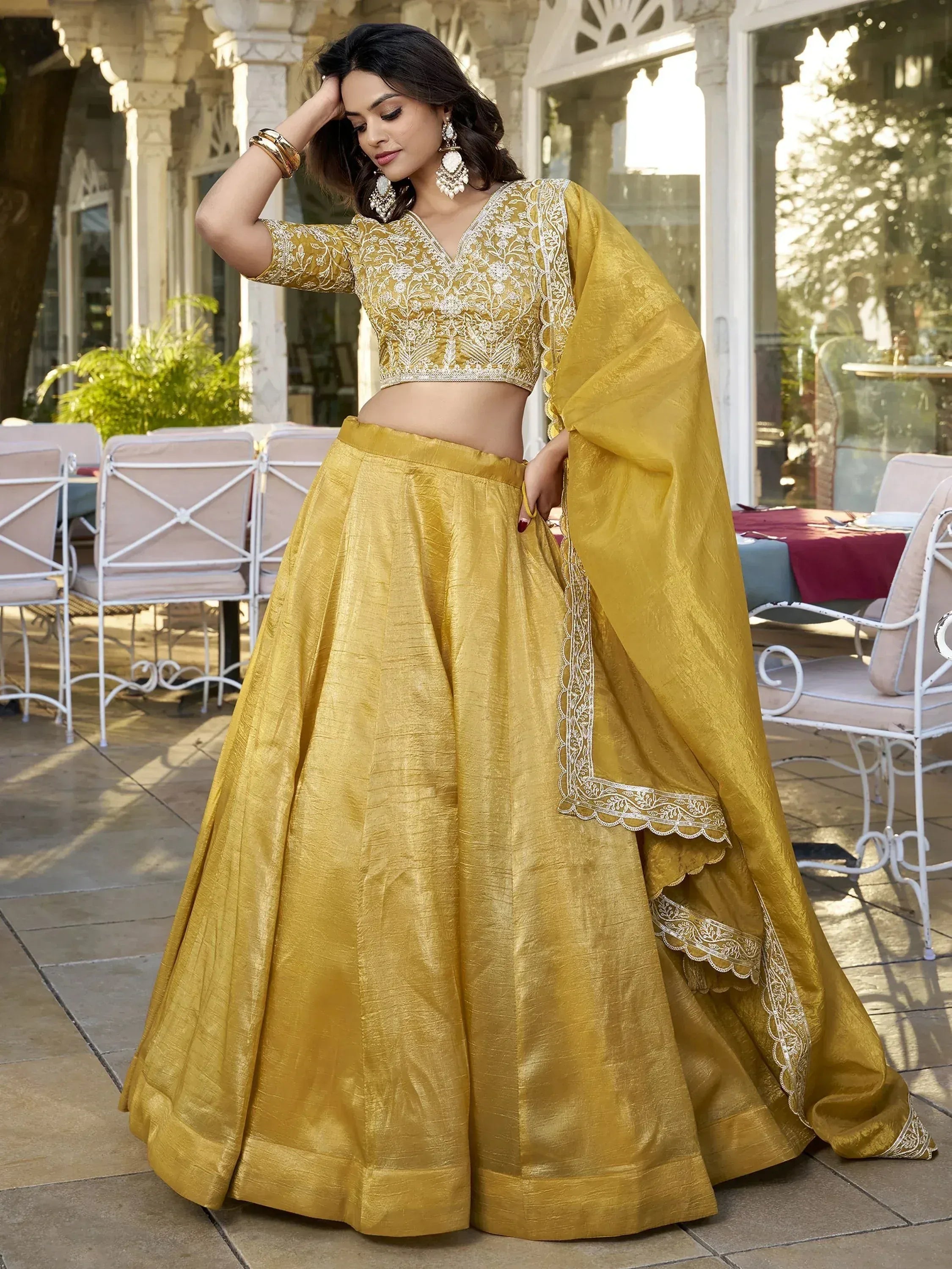 Mustard yellow embroidered lehenga choli with dupatta, Indian ethnic wear for women