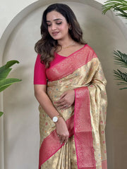 Beautiful Cream Zari Weaving Tissue Silk Classic Saree With Blouse