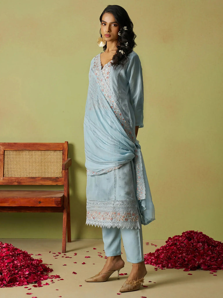 Beautiful Dusty Blue Khatli Work Organza Pant Suit With Dupatta