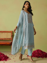 Beautiful Dusty Blue Khatli Work Organza Pant Suit With Dupatta