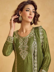 Beautiful Green Zari Embroidered Chinon Mehendi Wear Palazzo Suit