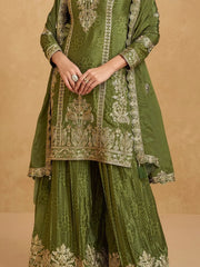 Beautiful Green Zari Embroidered Chinon Mehendi Wear Palazzo Suit