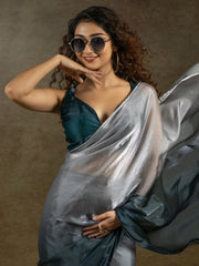 Beautiful Grey Chiffon Designer Pre-Stitched Saree With Blouse