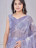 Beautiful Lavender Sequins Organza Party Wear Saree With Blouse