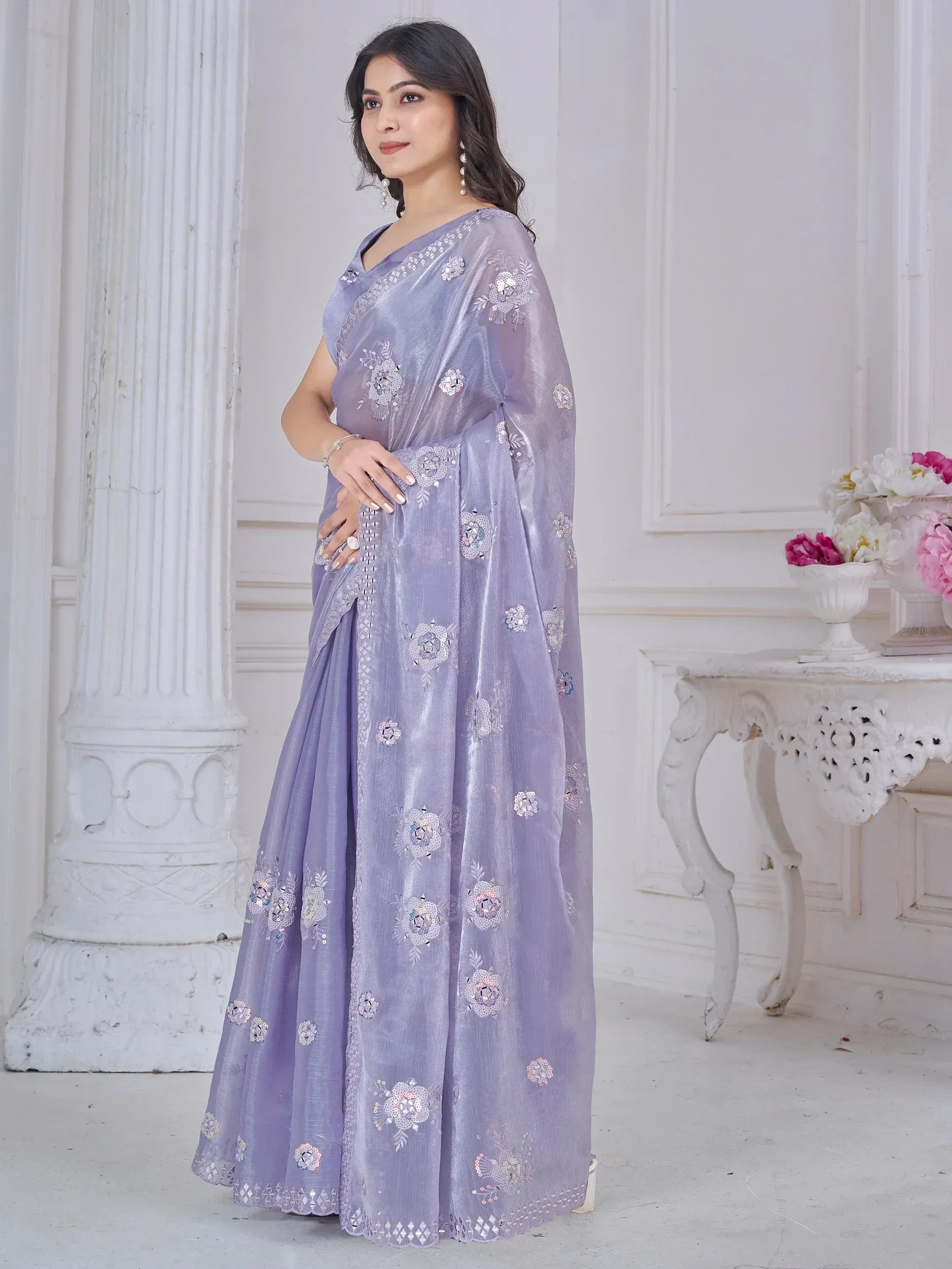 Lavender designer saree with floral sequin embroidery, elegant ethnic wear for women