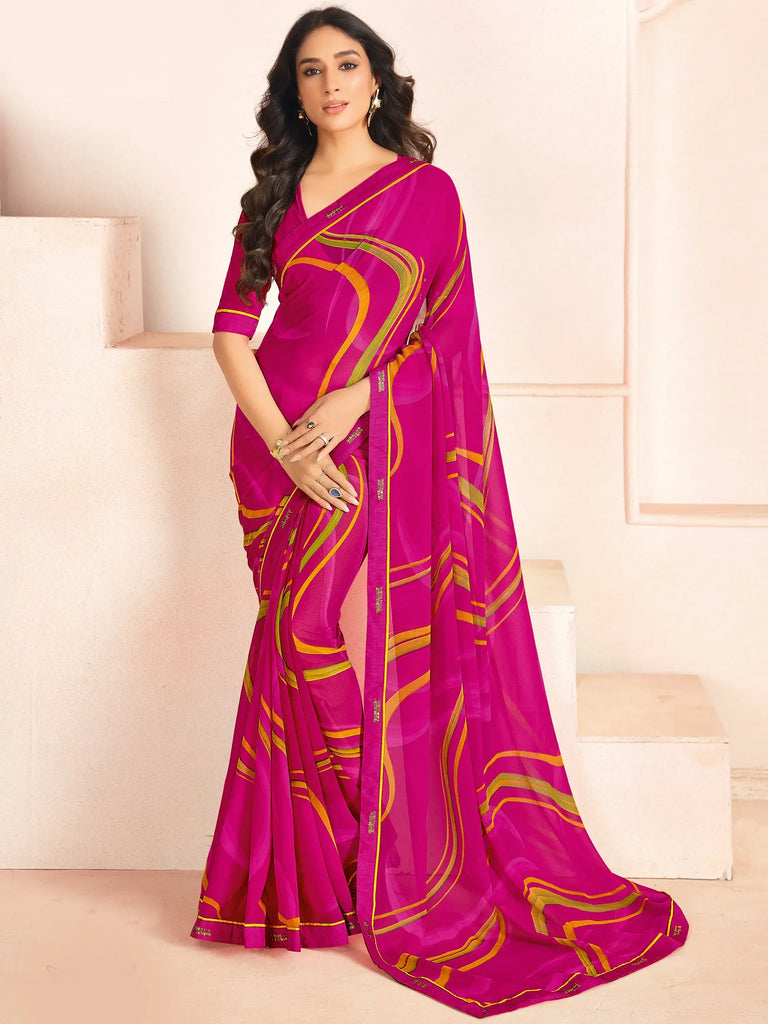Beautiful Pink Digital Printed Georgette Festival Wear Saree With Blouse