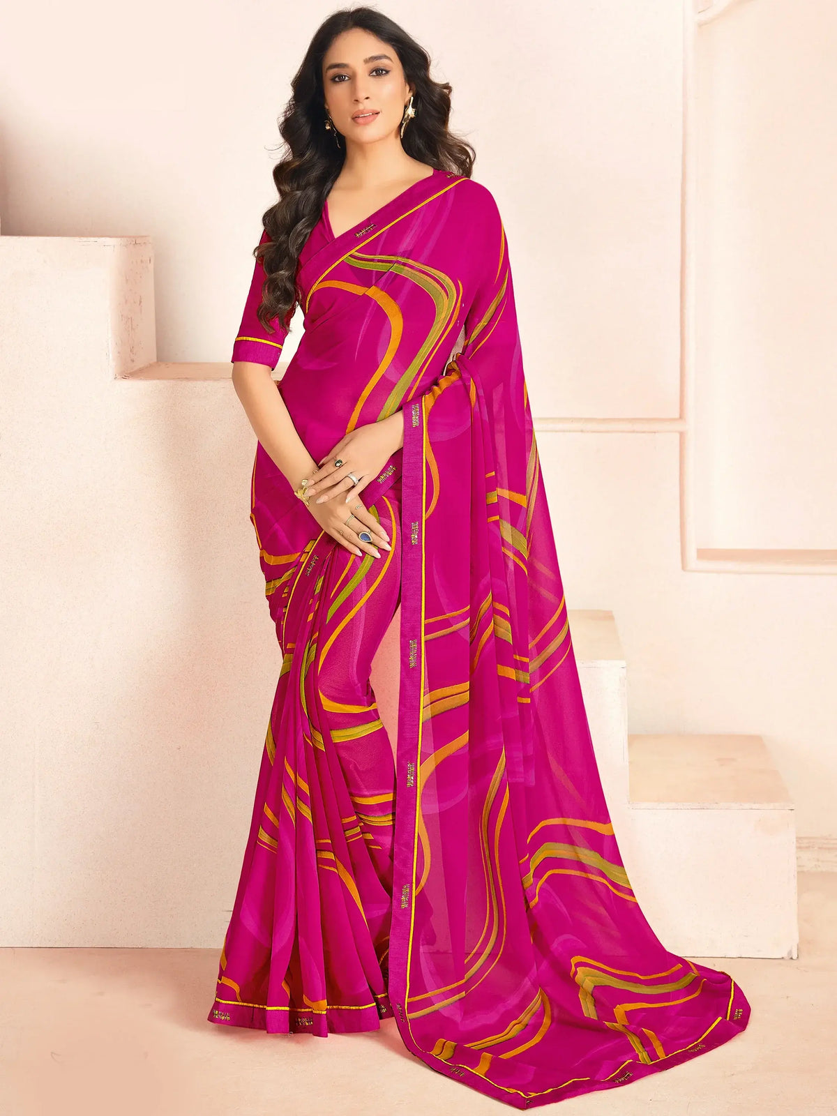Beautiful Pink Digital Printed Georgette Festival Wear Saree With Blouse