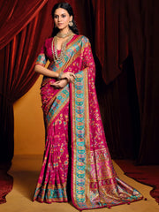 Beautiful Rani Pink Paisley Printed Tussar Silk Festival Wear Saree