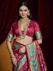 Beautiful Rani Pink Paisley Printed Tussar Silk Festival Wear Saree