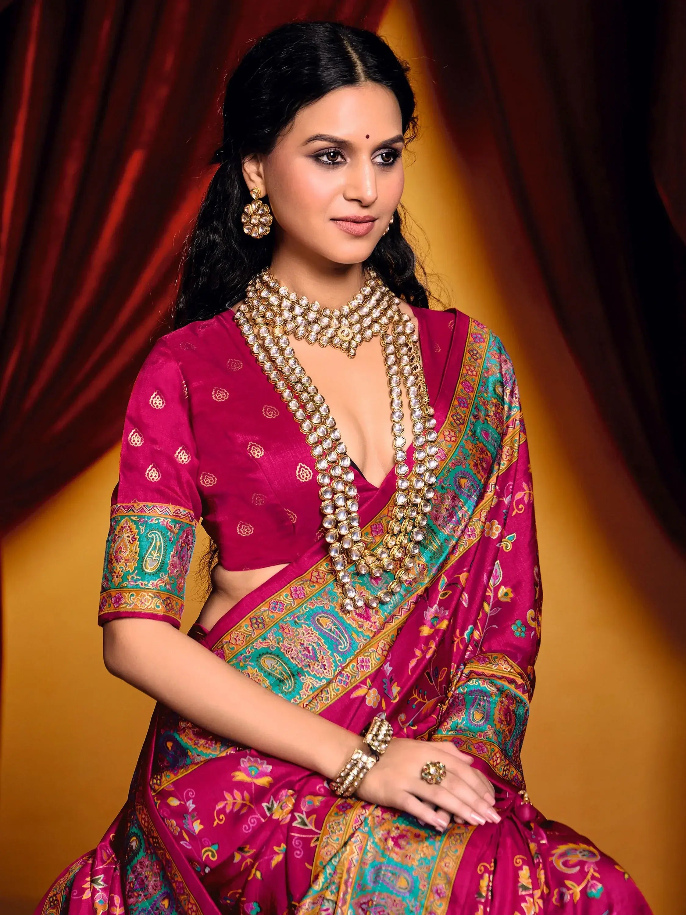 Beautiful Rani Pink Paisley Printed Tussar Silk Festival Wear Saree