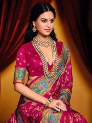 Beautiful Rani Pink Paisley Printed Tussar Silk Festival Wear Saree