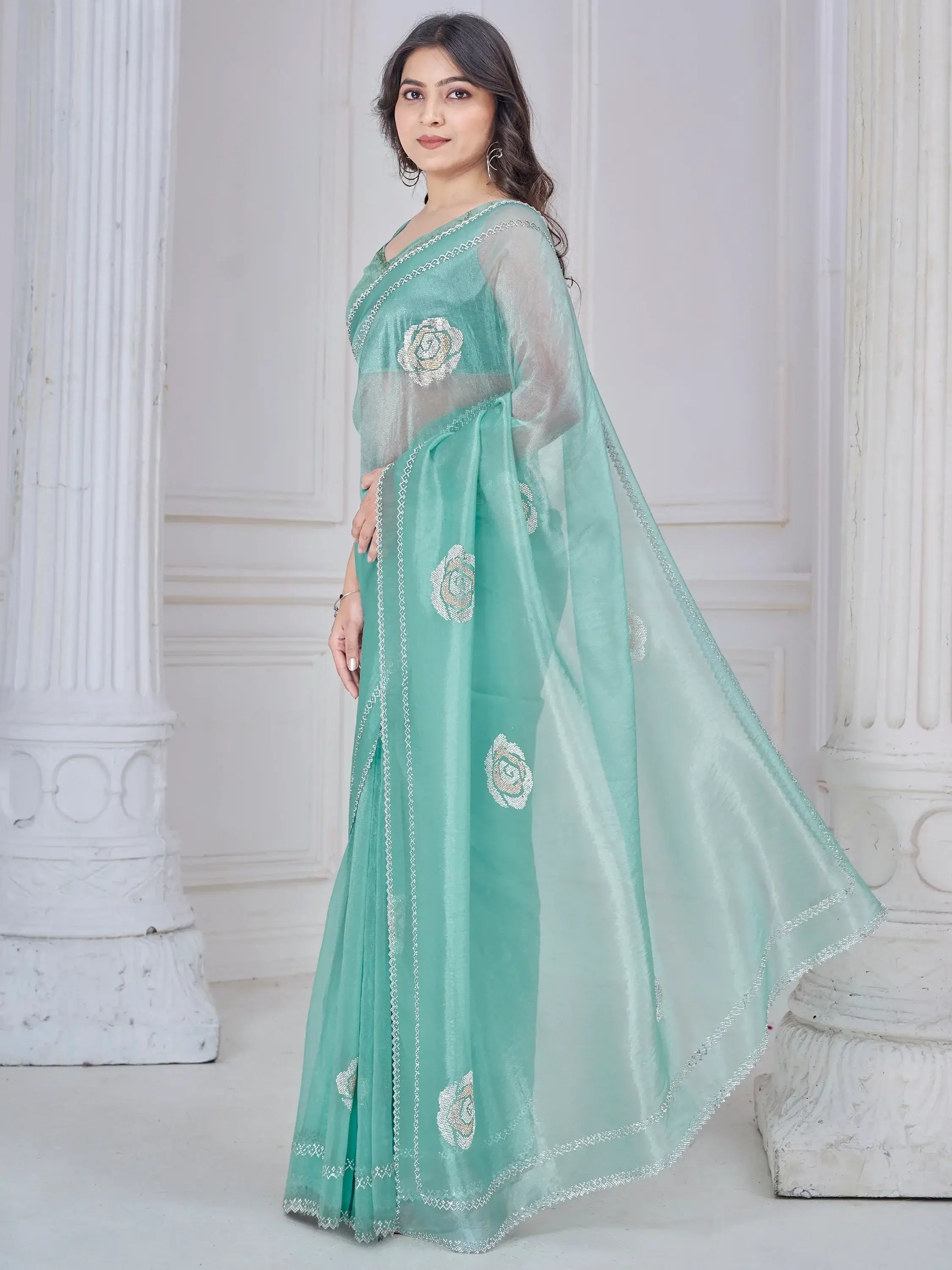 Beautiful Sea Green Organza Event Wear Saree With Blouse