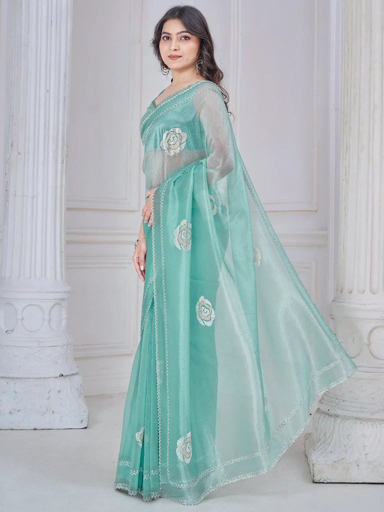 Beautiful Sea Green Organza Event Wear Saree With Blouse