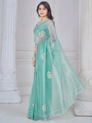 Beautiful Sea Green Organza Event Wear Saree With Blouse