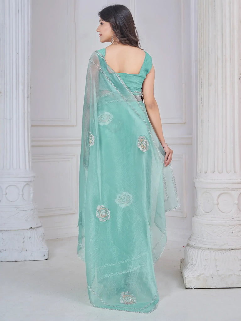 Beautiful Sea Green Organza Event Wear Saree With Blouse