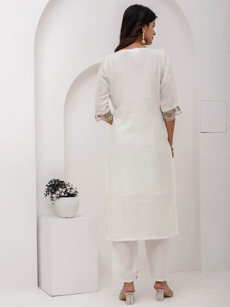 Beautiful White Floral Embroidered Viscose Silk Pant Suit With Dupatta