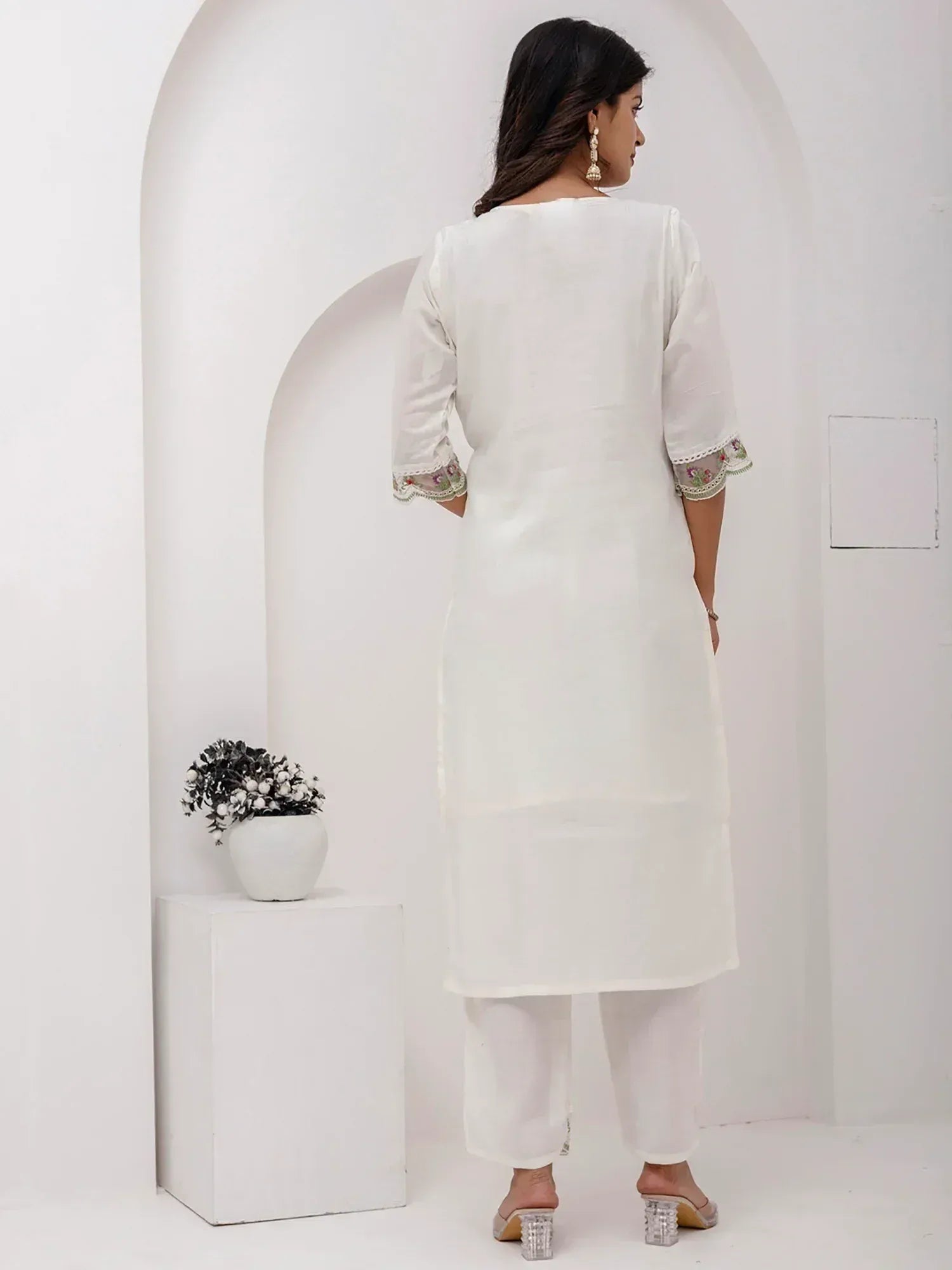 White embroidered kurta with palazzo pants, ethnic wear for women