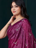 Beautiful Wine Jarkan Work Crepe Reception Wear Saree With Blouse