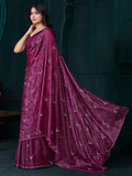 Beautiful Wine Jarkan Work Crepe Reception Wear Saree With Blouse