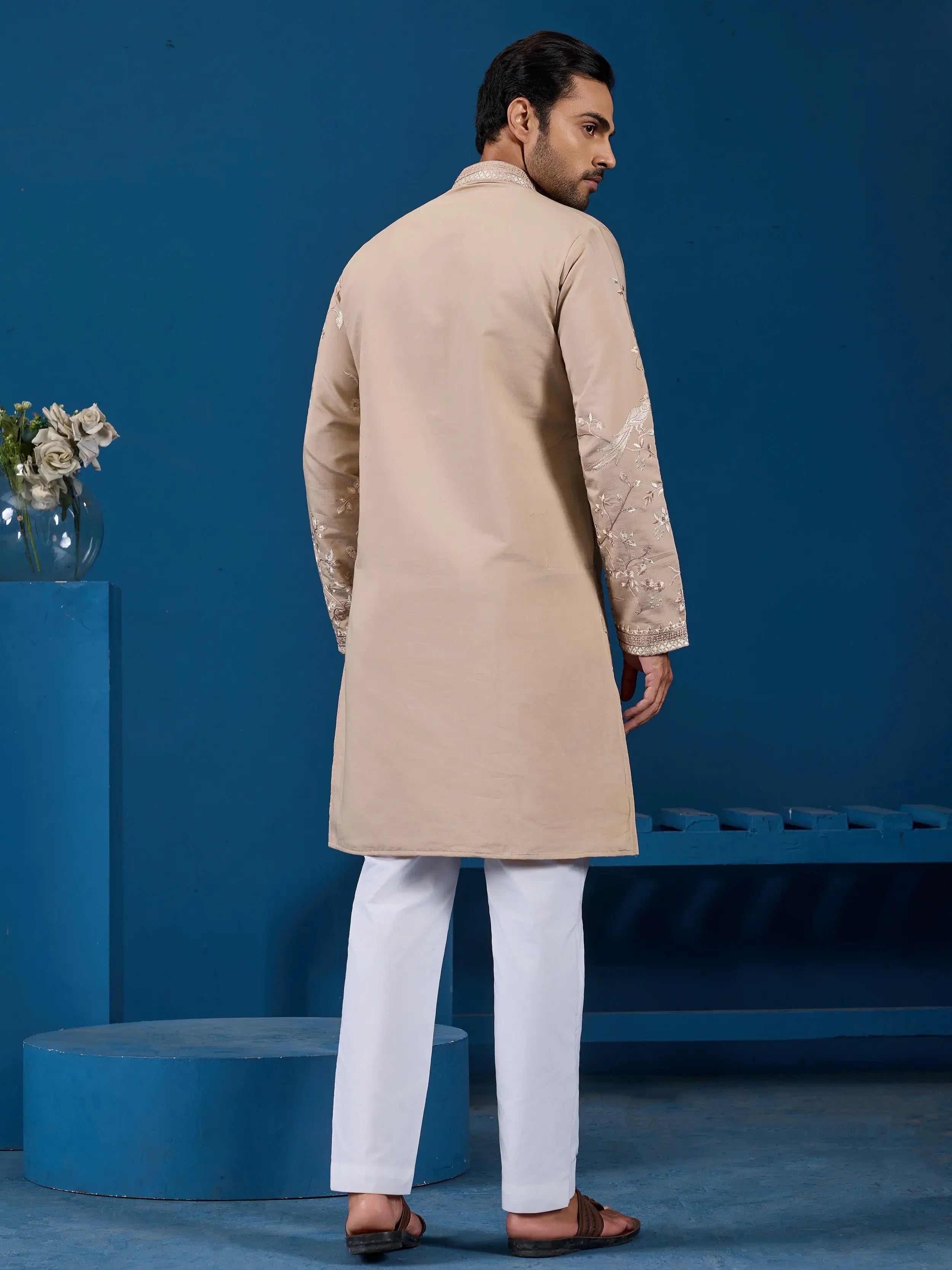 Stylish Beige Thread Embroidered Silk Wedding Wear Men Kurta