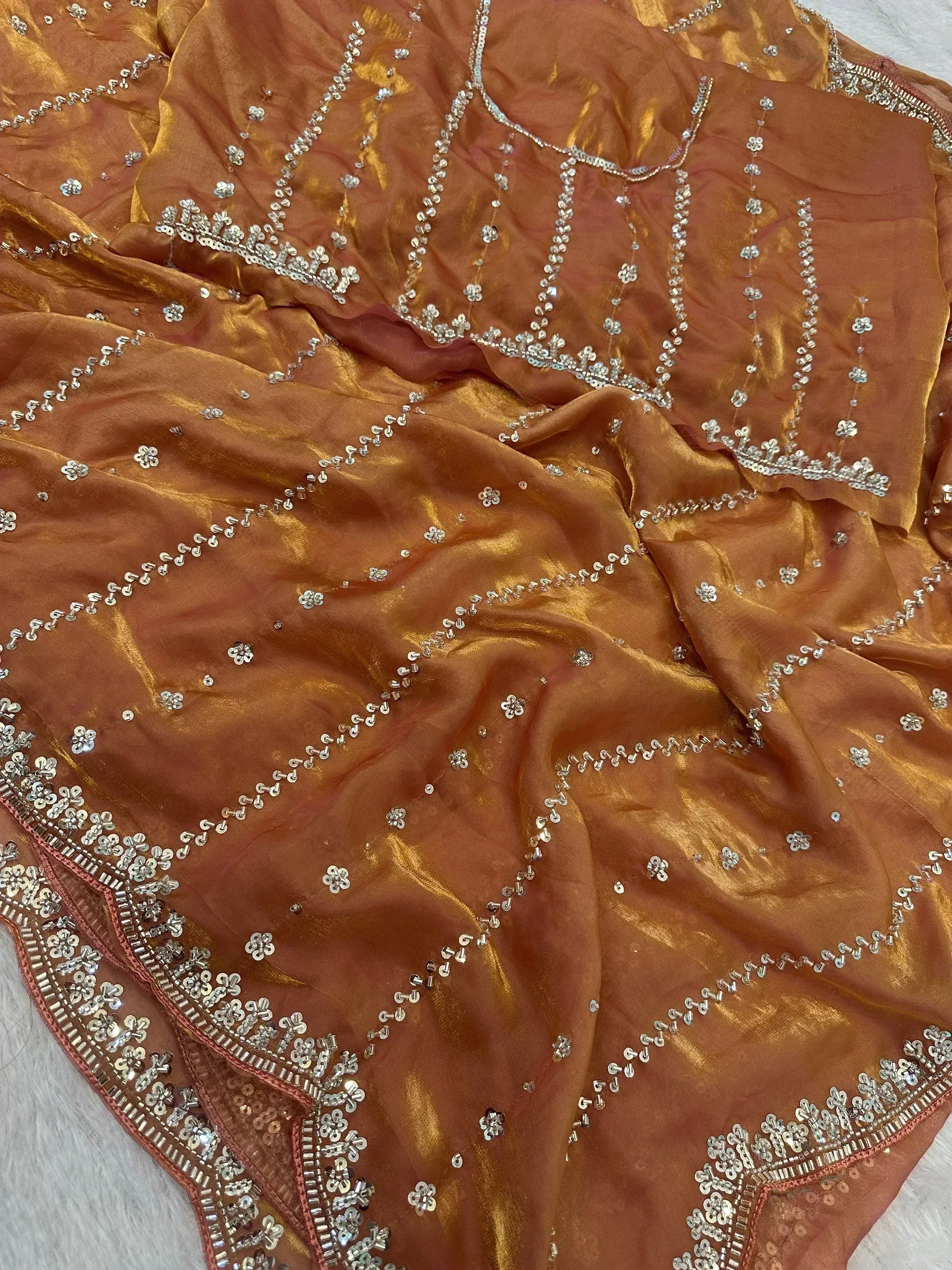 Precious Peach Beads Work Satin Reception Wear Saree With Blouse