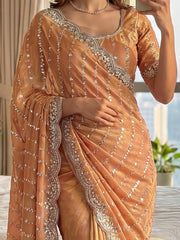 Precious Peach Beads Work Satin Reception Wear Saree With Blouse