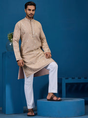 Stylish Beige Thread Embroidered Silk Wedding Wear Men Kurta