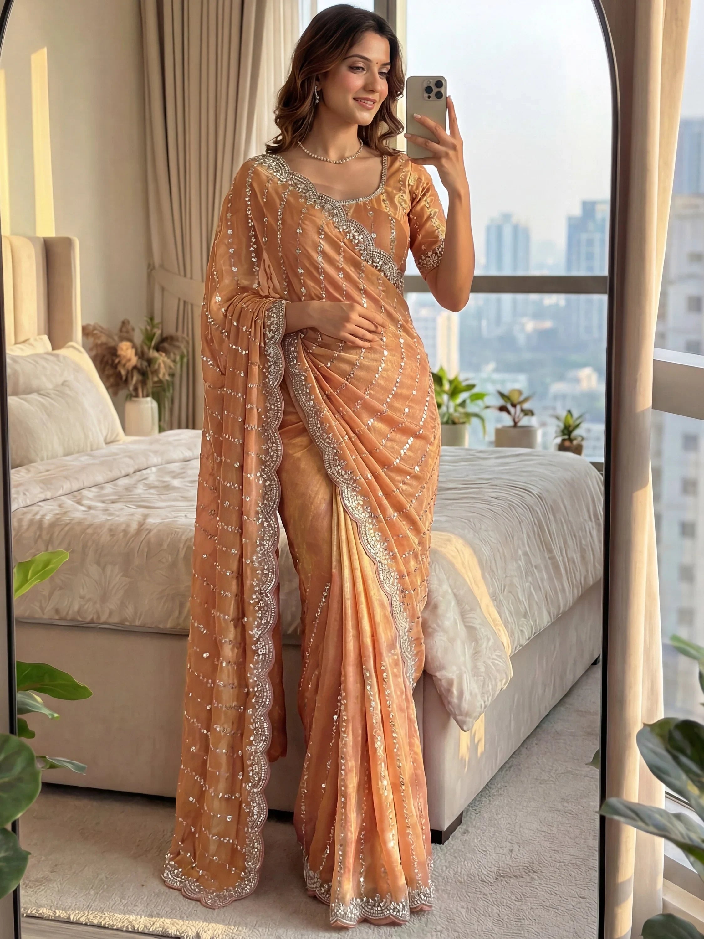Precious Peach Beads Work Satin Reception Wear Saree With Blouse