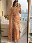 Precious Peach Beads Work Satin Reception Wear Saree With Blouse