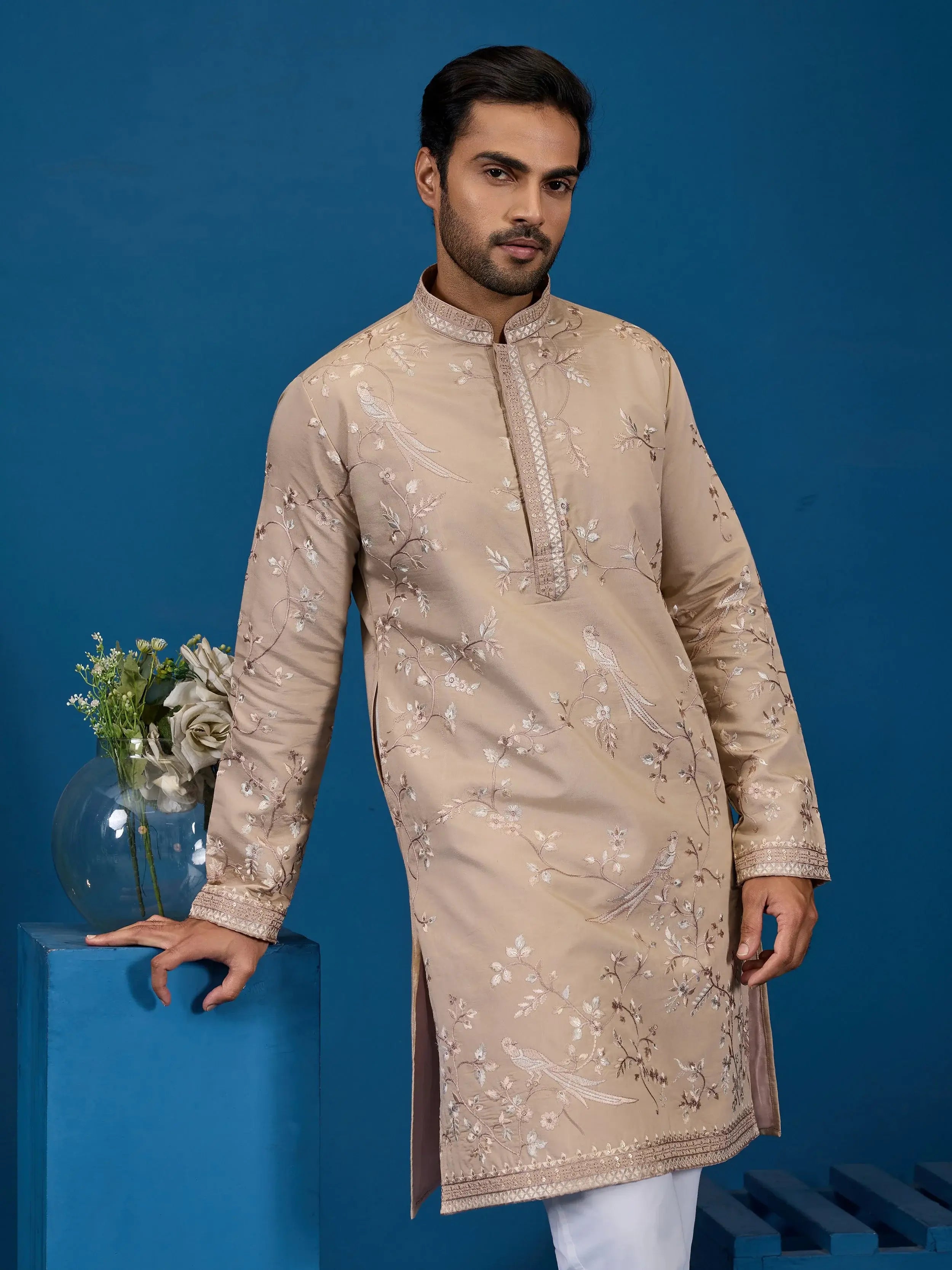 Stylish Beige Thread Embroidered Silk Wedding Wear Men Kurta