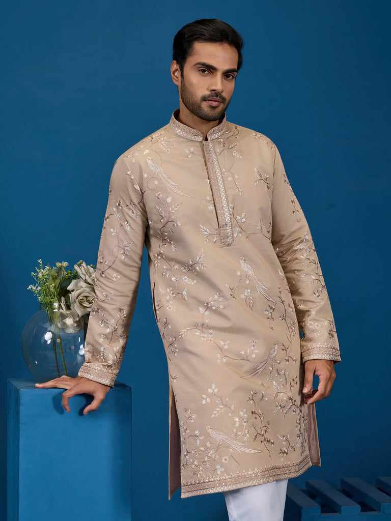 Stylish Beige Thread Embroidered Silk Wedding Wear Men Kurta