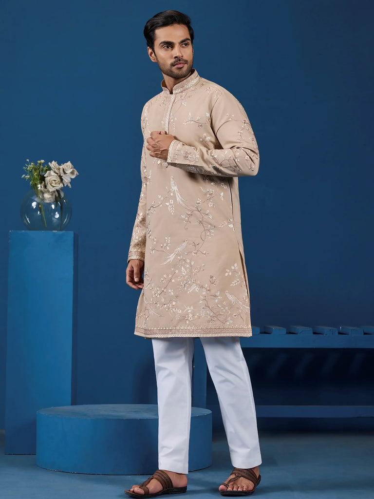 Stylish Beige Thread Embroidered Silk Wedding Wear Men Kurta