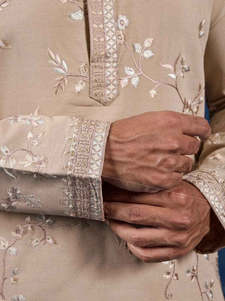 Stylish Beige Thread Embroidered Silk Wedding Wear Men Kurta