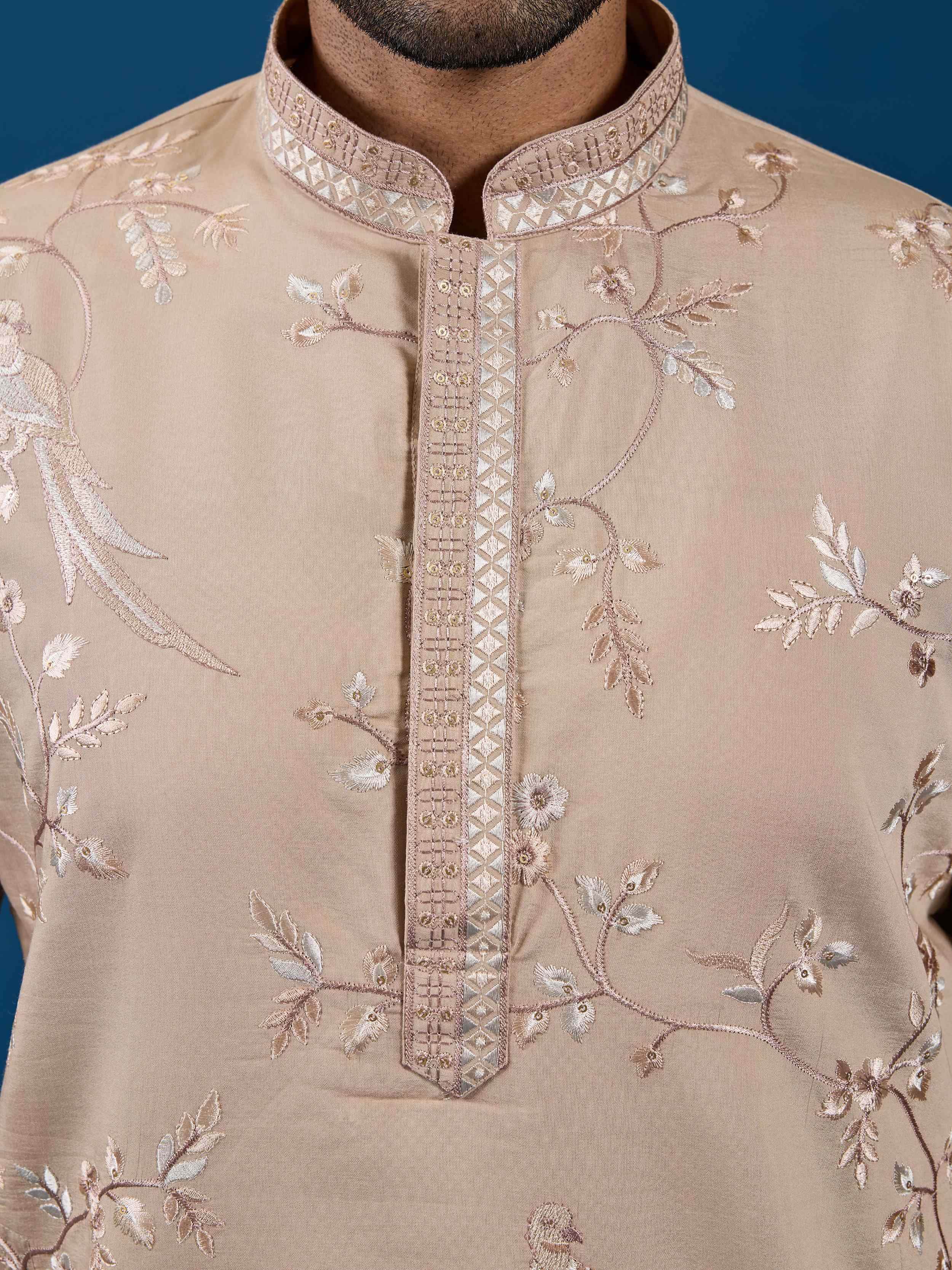 Stylish Beige Thread Embroidered Silk Wedding Wear Men Kurta