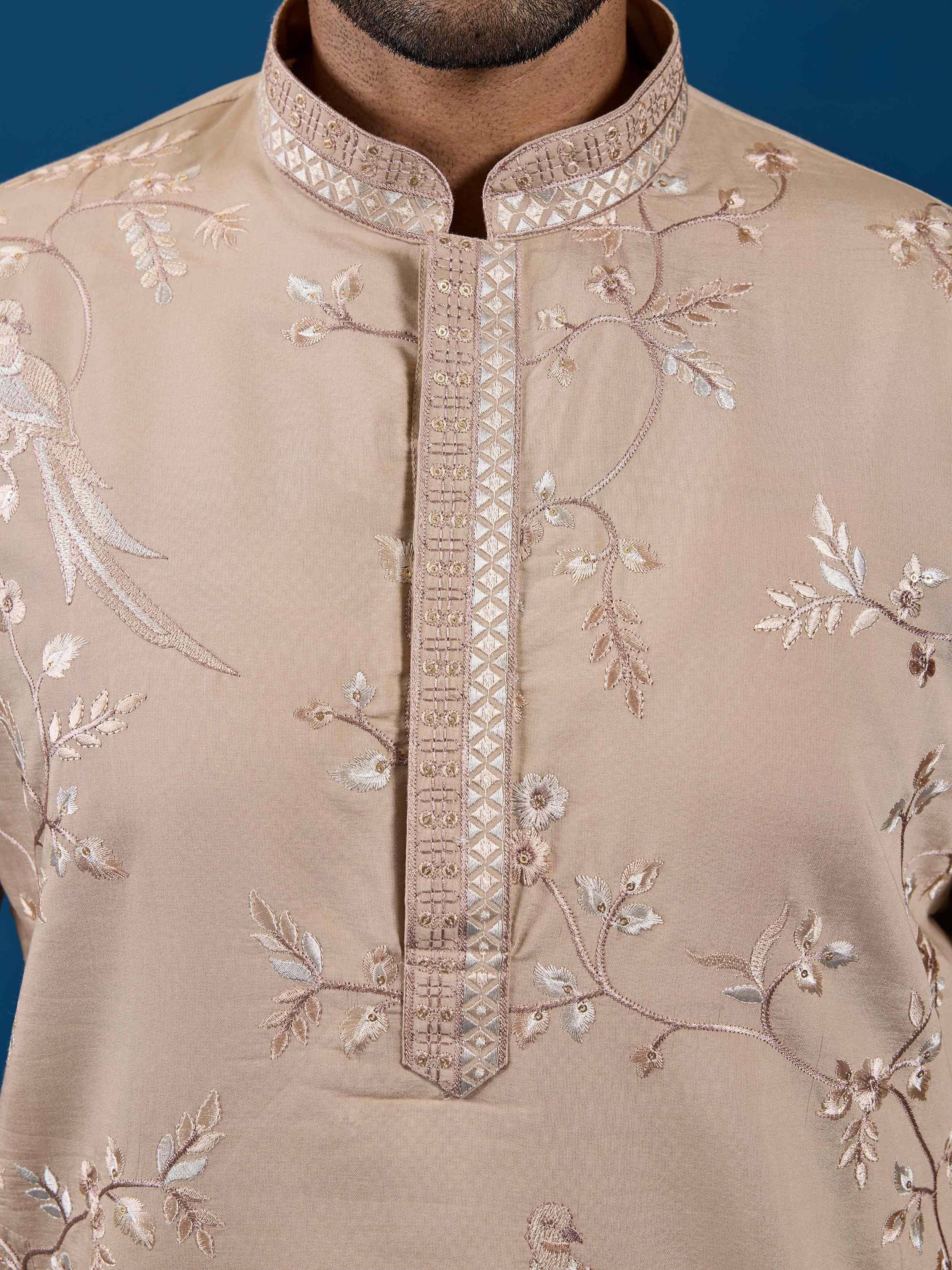 Stylish Beige Thread Embroidered Silk Wedding Wear Men Kurta